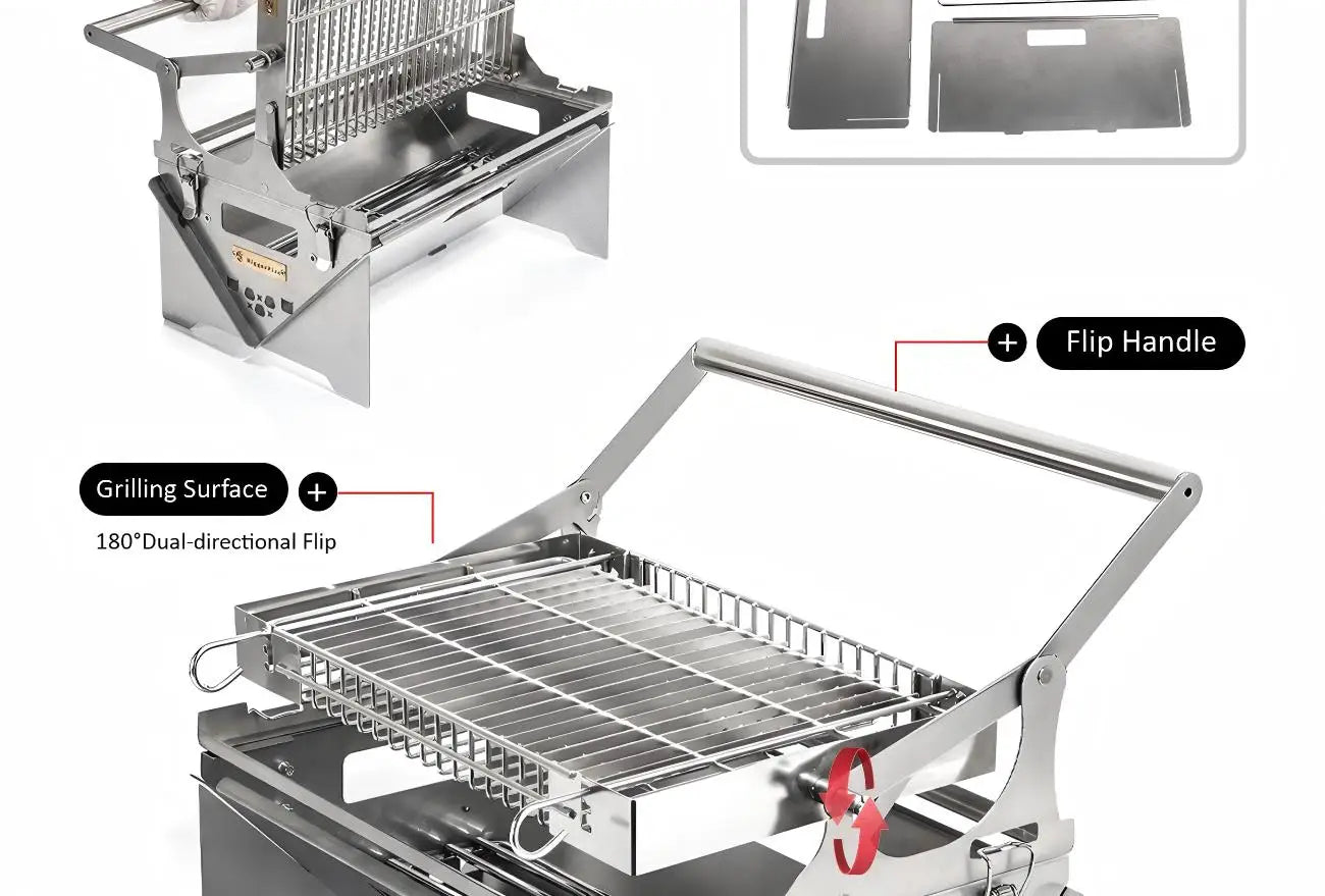 360° Rotating BBQ Grill – Stainless Steel, 5.7kg Lightweight for Camping & Parties – Feeds 1-6, Hands-Free Grilling for Family &
