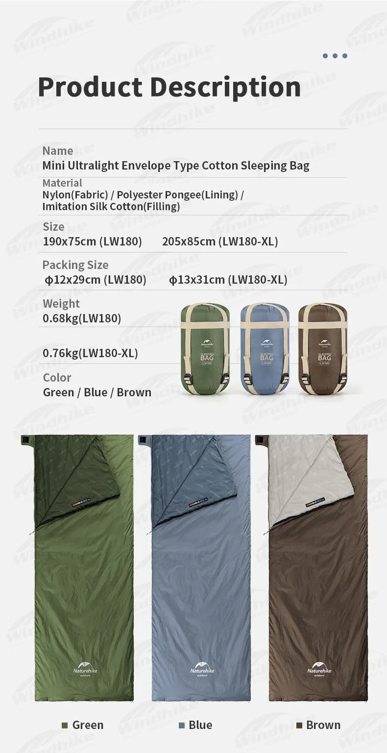 Naturehike LW180 Sleeping Bag Ultralight Summer Cotton Quilt Outdoor Camping Hiking for Single Splicing Envelope Sleeping Bag
