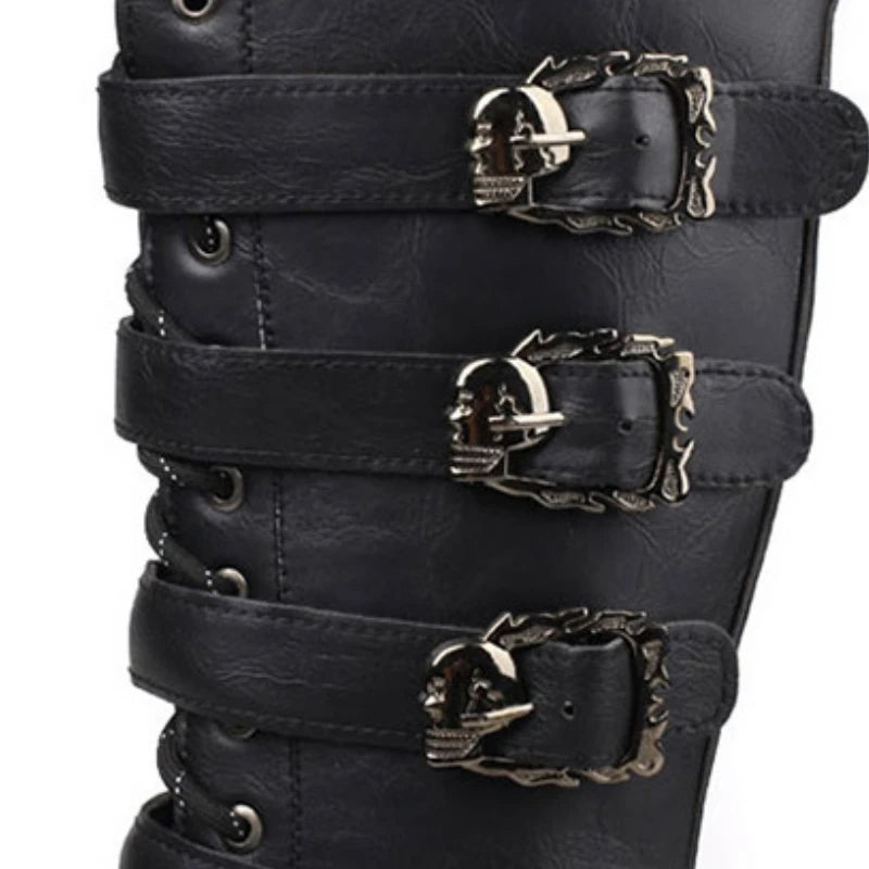 Men's Leather Motorcycle Boots Mid-calf Boots Gothic Belt Rock Punk Shoes Outdoor Black Casual Boot Winter Large Size Men Boots