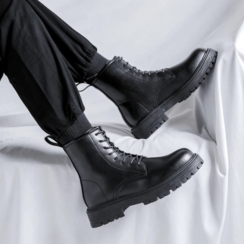 men fashion motorcycle boots black tide lace-up platform shoes cowboy genuine leather boot street cool high top botas masculinas