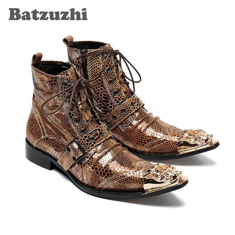 NEW Western Punk Men Boots Ankle Golden Leather Short Boots Rock Winter Autumn Motorcycle Boots Men botas hombre,US6-12