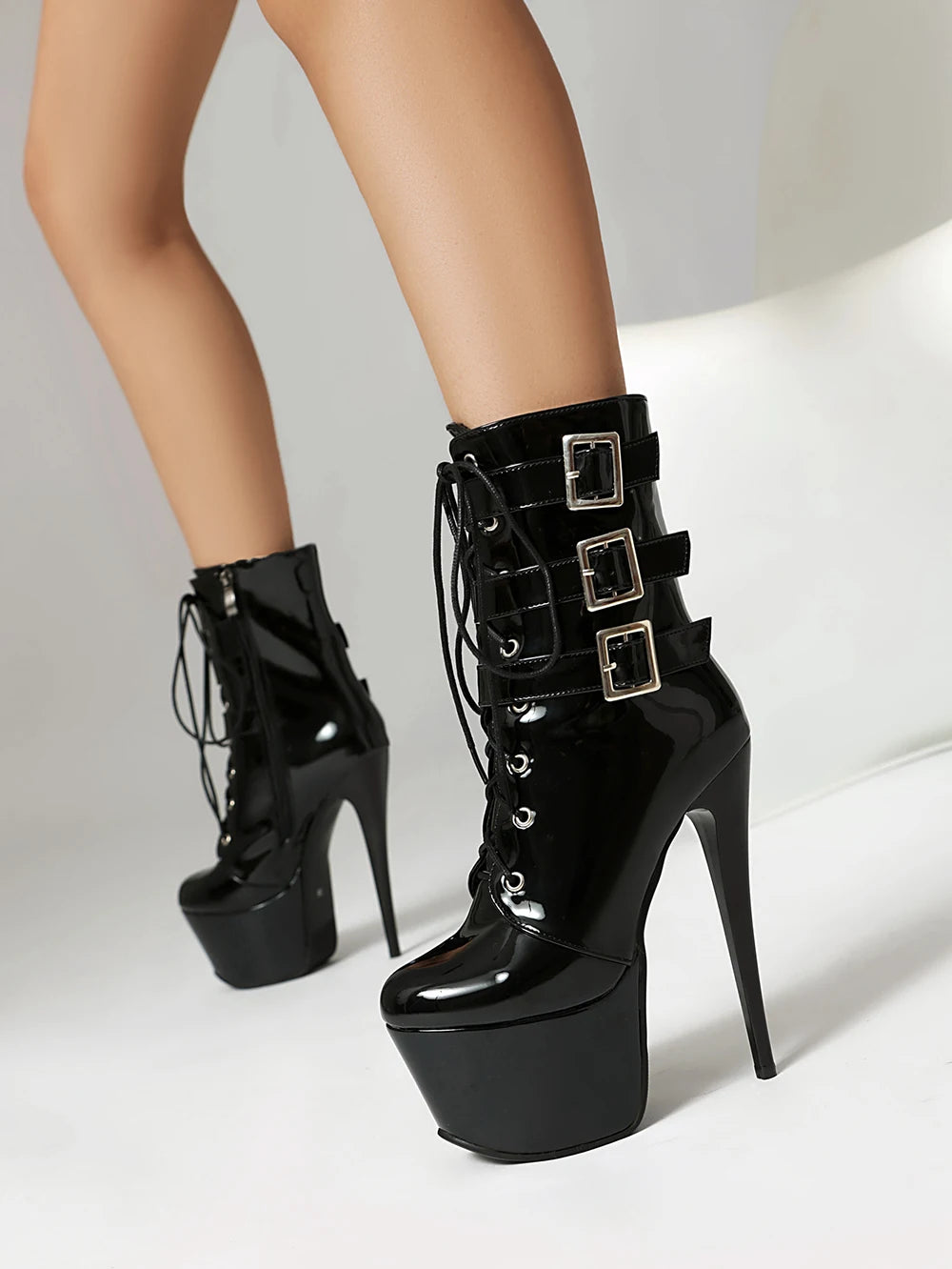 INS Style 15CM Extreme High Heels Platform Boots Lace Up Sexy Pole Dancing Ankle Boots Side Zip Gold Silver  Shoes Fast Shipping