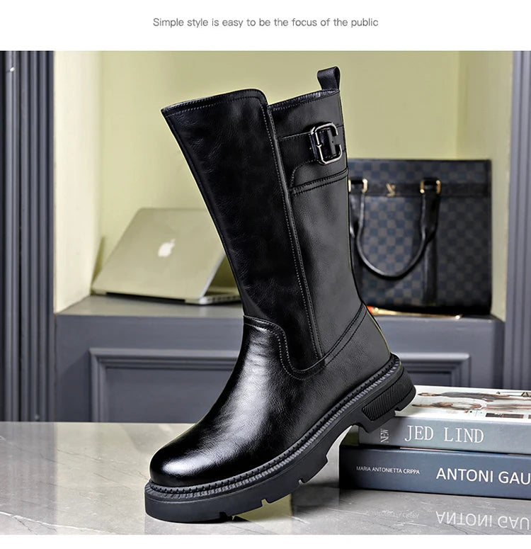 Tall Boots for Men Made of Leather with Increased Height and Soft Sole Western Cowboy Plush Insulation Knight Ankle Riding