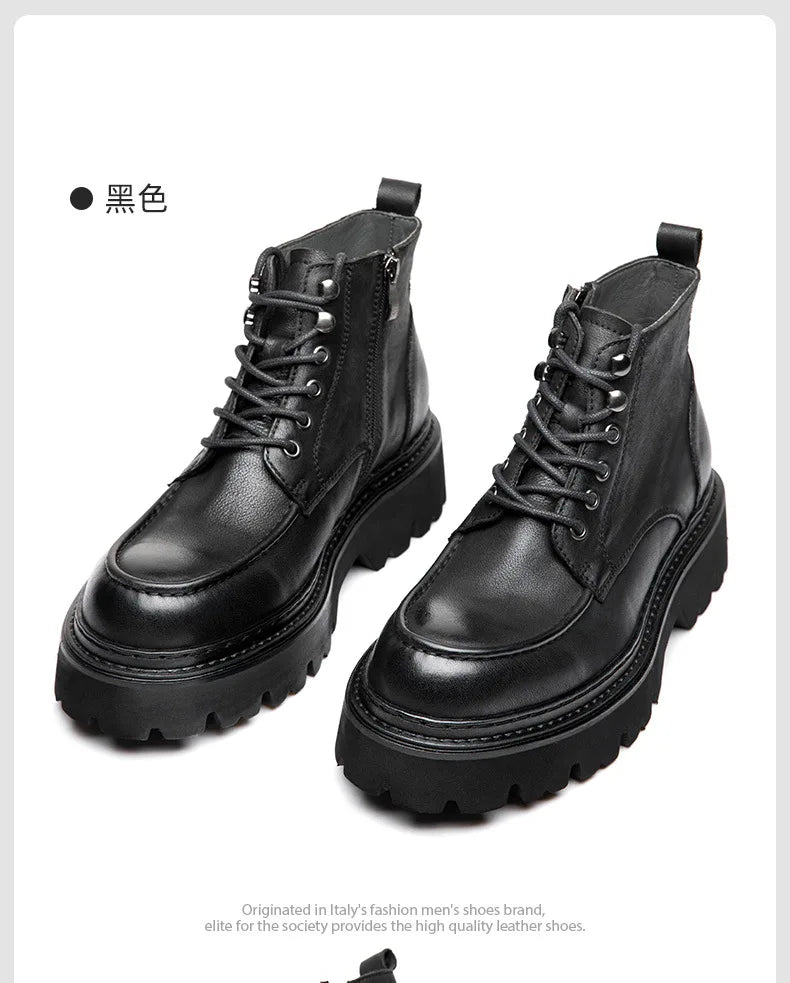 Men's Motorcycle Boots Genuine Leather High Top Motorbike Ankle Boots Thick Soled Vintage Round Toe Casual Punk Dress Shoes