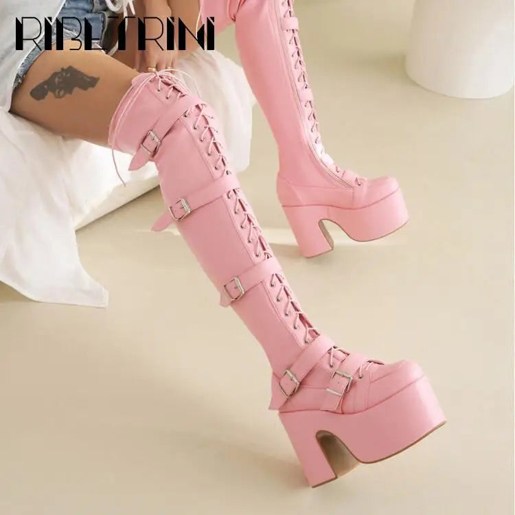 Punk Goth Women Motorcycle Boots Block High Heels Platform Shoes  Woman 2024 New Brand Luxury Fashion Design Cool Street Boots