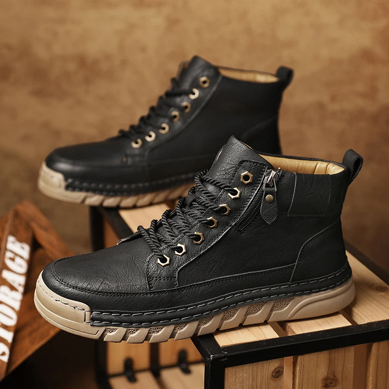 Men's High Top Leather Ankle Boots Comfortable Motorcycle Boots Non Slip Walking Training Shoes Botas Outdoor Treking Footwear