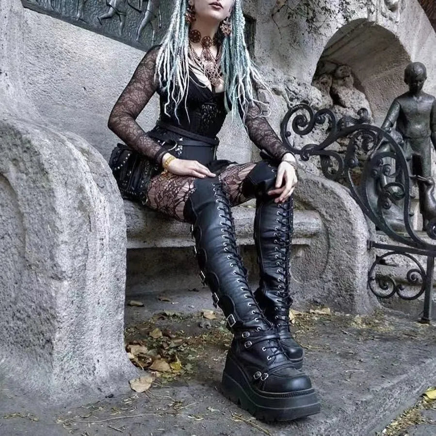 Gothic Long Boots for Women Platform Knee High Boots Punk Black Sexy Motorcycles Boots New Halloween Cosplay Women Shoes