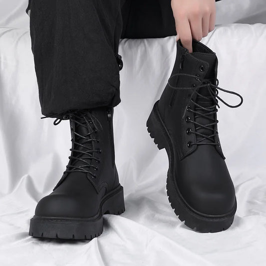 Black Leather Boots for Men High Top Platform Lace Up Light Fashion Motorcycle Boots British Style Men's Waterproof Casual Boots