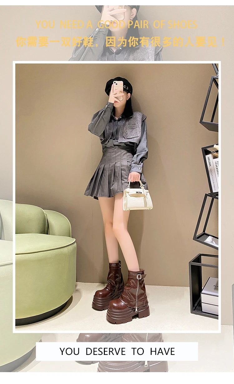 Women's Autumn Winter Leather Ankle Boots 10CM Heels Chunky Platform Combat Boots New Non Slip Motorcycle Shoes Woman Punk Boots