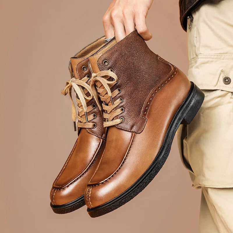 A028 Men's Boots Cow Genuine Leather Lace Up Man Shoes High Calf Male Footwear British New Winter Boots Motorbike Shoes Vintage