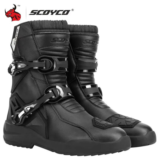 SCOYCO Motorcycle Protective Boots Men Waterproof Enduro Motocross Shoes TPU Leather Anti-slip Motorbike Rally High Top Boots