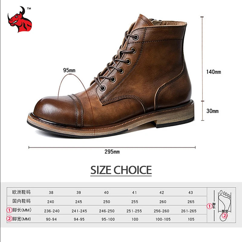 EU Size 38-44 Motorcycle Boots Men Cowhide Motorbike Ankle Boots Thick Soled High Top Western Work Boots Fashion Leather Shoes