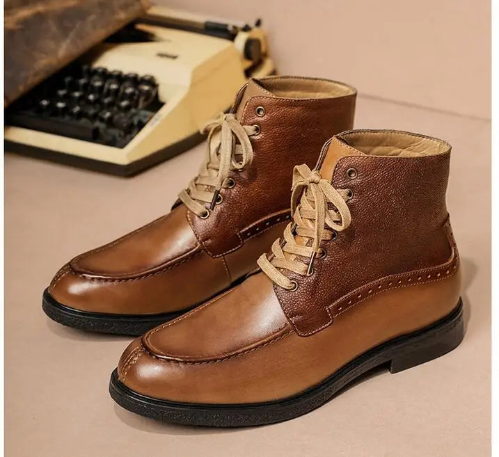 A028 Men's Boots Cow Genuine Leather Lace Up Man Shoes High Calf Male Footwear British New Winter Boots Motorbike Shoes Vintage