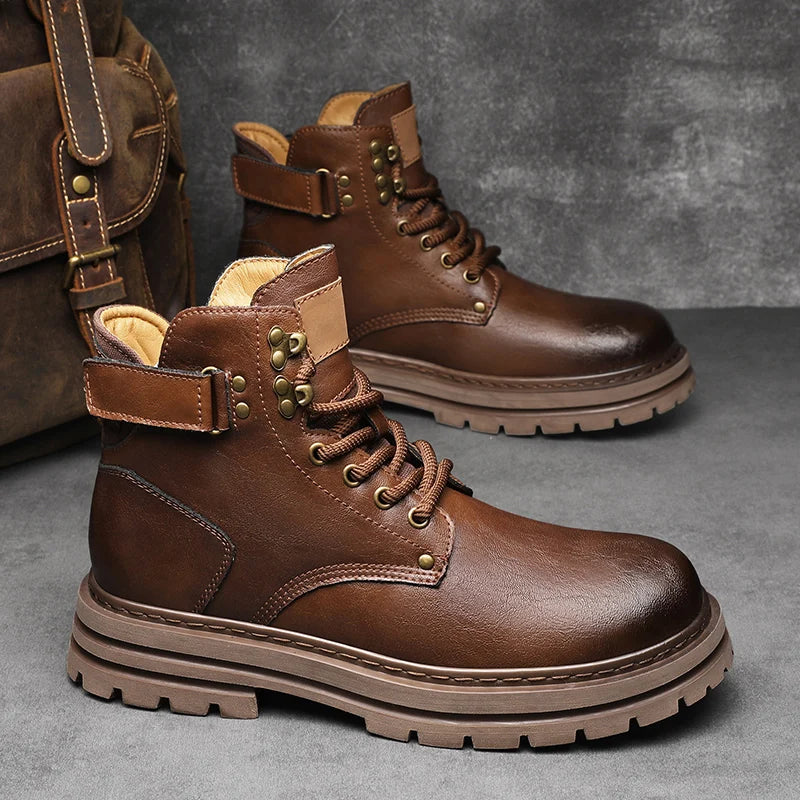 Top Quality Vintage Leather Men's Snow Boots Fashion Genuine Leather Man Ankle Boots Lace Up Outdoor Motorcycle Boots Walk Shoes