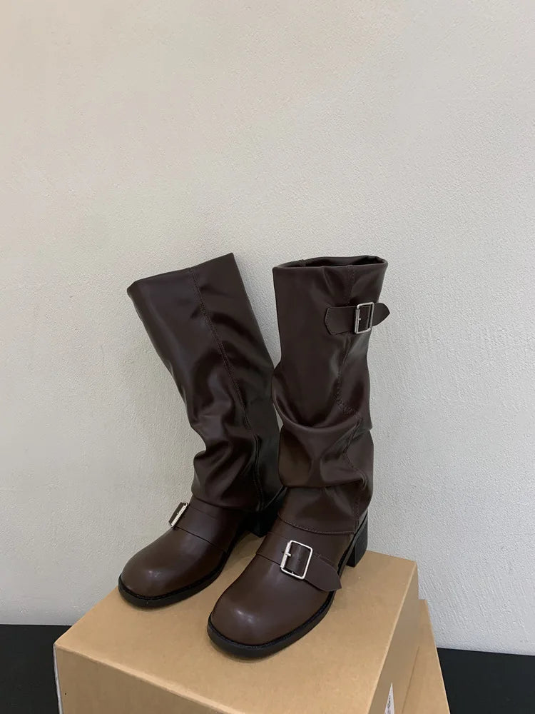 Woman Boots Knee High Platform Heels Trend Punk Gothic New Rock Leather Fashion Women Shoes Motorcycle Footwear Zapatos De Mujer