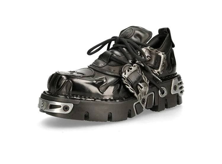 New Men's Gothic Skull Boots Black Women Shoes Designer Punk Metal Platform Walking Sneakers Skeleton Metal Buckles Ankle Boots