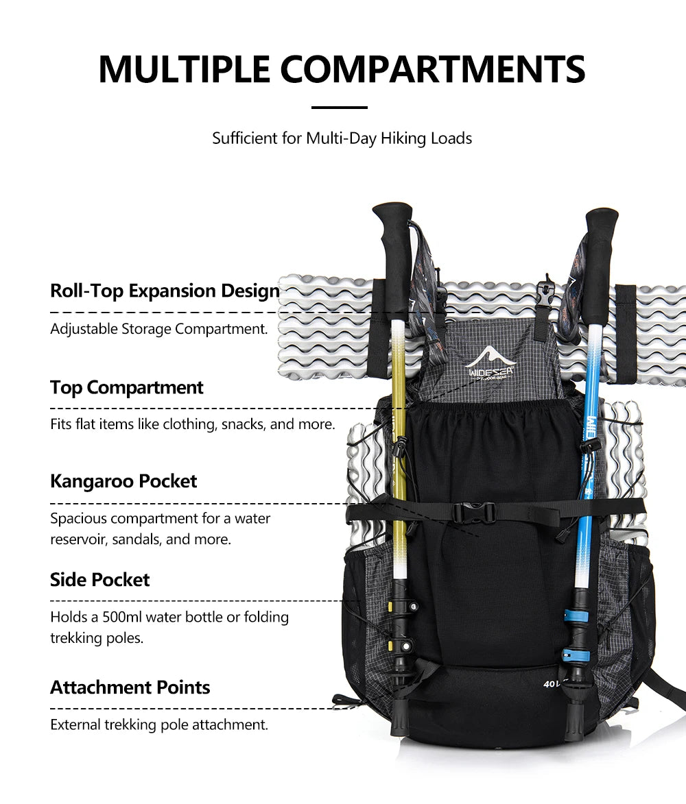Widesea Camping Backpack 40L Hiking Bag Sports Men's Backpacks Ultralight Waterproof Trekking Travel Essentials Camping Supplies