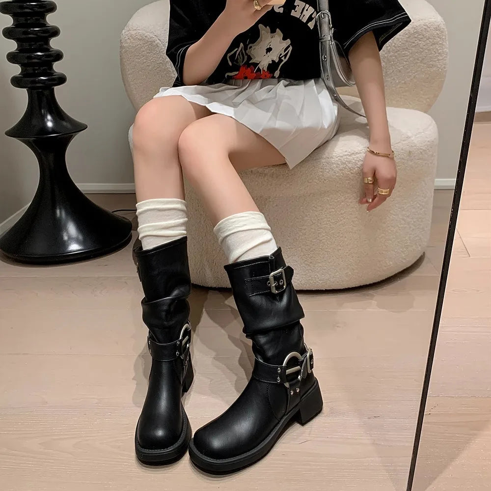 Fashion Buckle Motorcycle Boots Women Round Toe Med Heels Ankle Boots Woman 2024 Pu Leather Square Heel Autumn Platform Shoes