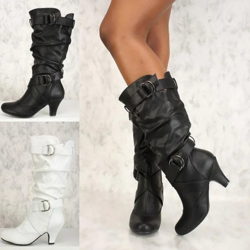 Sexy Women's Boots Mid Calf New Fashion Casual Boot 3CM Square Heel Metal Decoration Belt Buckle Evening Dress Pumps Women Shoes