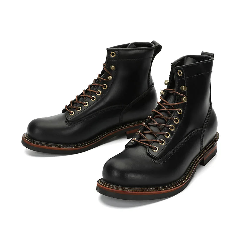 European Short-faced Leather Motorcycle Riding Boots Top Layer Cowhide Men's  Autumn Winter British Trendy Outdoor Shoes Male