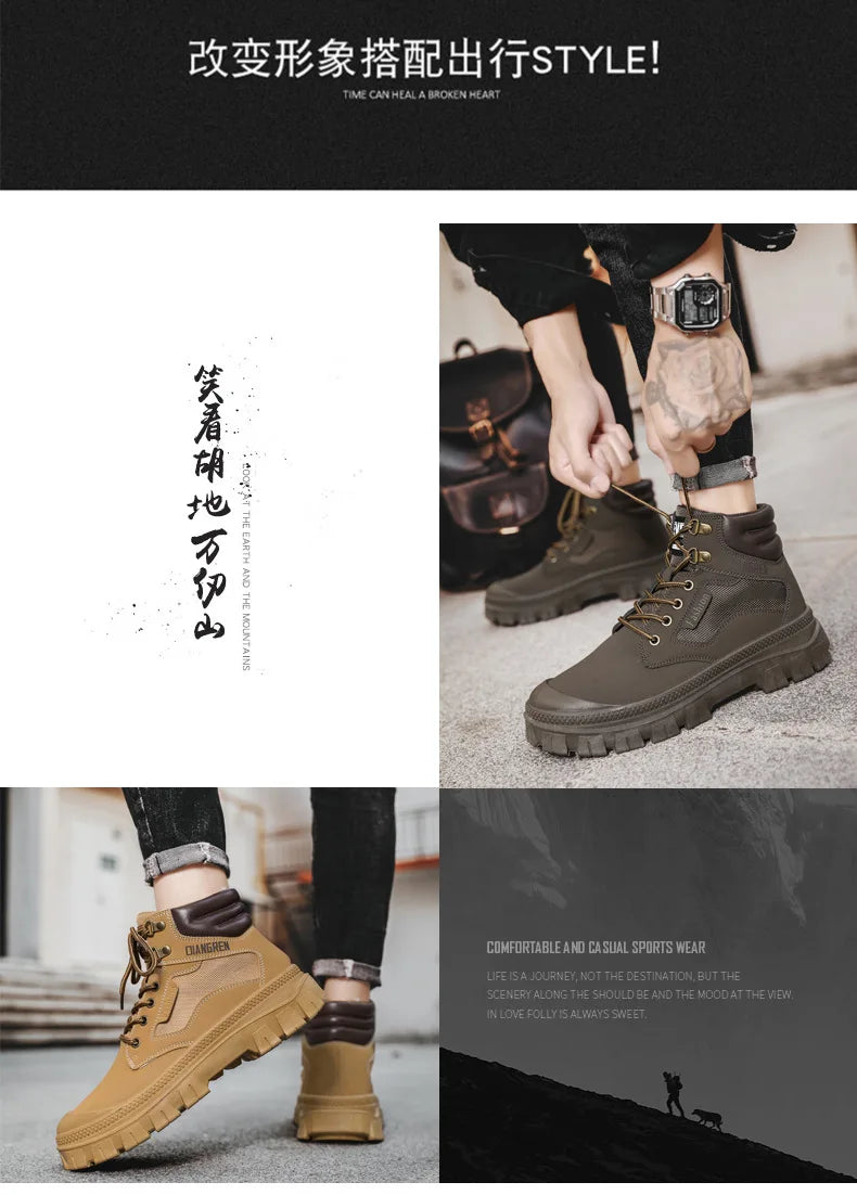 Men's Boots Fashion Motorcycle Ankle Boots High Top Casual Shoes for Men Lace Up Platform Boot Non Slip Hiking Boot Botas Hombre