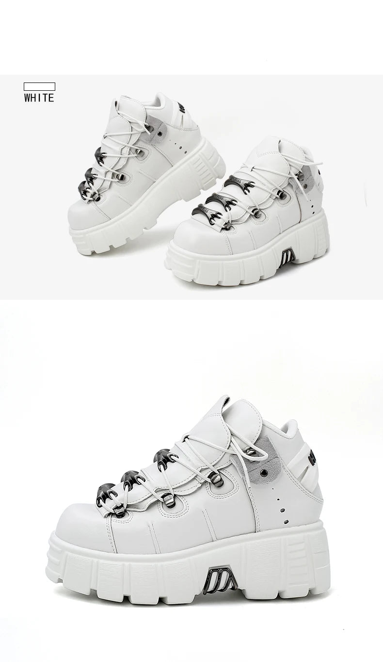 2025 New Brand Punk Style Women Shoes Lace-up heel height 6CM Platform Shoes Woman Rock Boots Metal Decor Woman Sneakers
