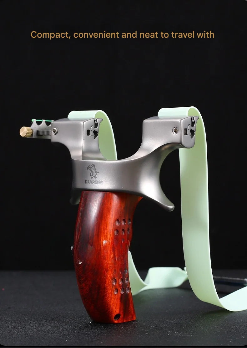 Powerful Stainless Steel Slingshot with Flat Rubber Band Outdoor Hunting and Shooting Combat Catapult with Wooden Handle