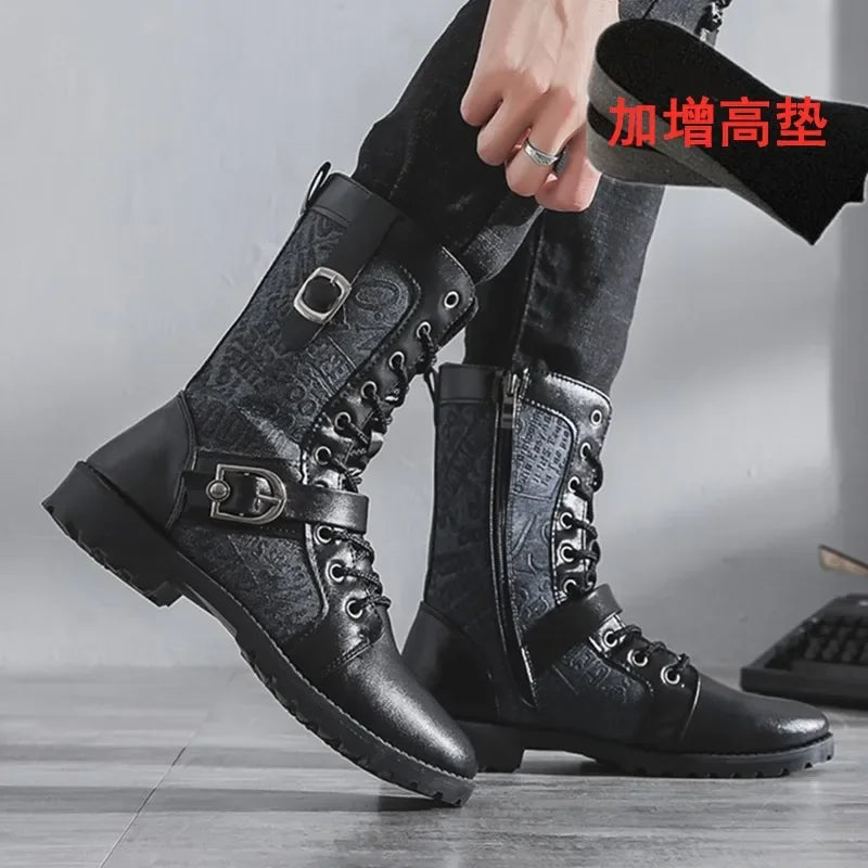 Retro Mid-Carf Punk Boots Winter Men's Plus Velvet Motorcycle Boots All-match Tooling Shoes Denim Mid-high Boots Men botas mujer