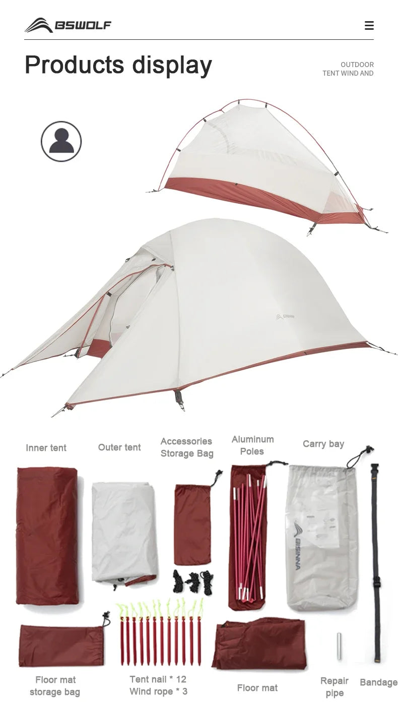 BSWolf Ultralight Camping  Backpack Tent 20D Nylon Waterproof Outdoor Hiking Travel Tent Cycling Tent 1-2 person