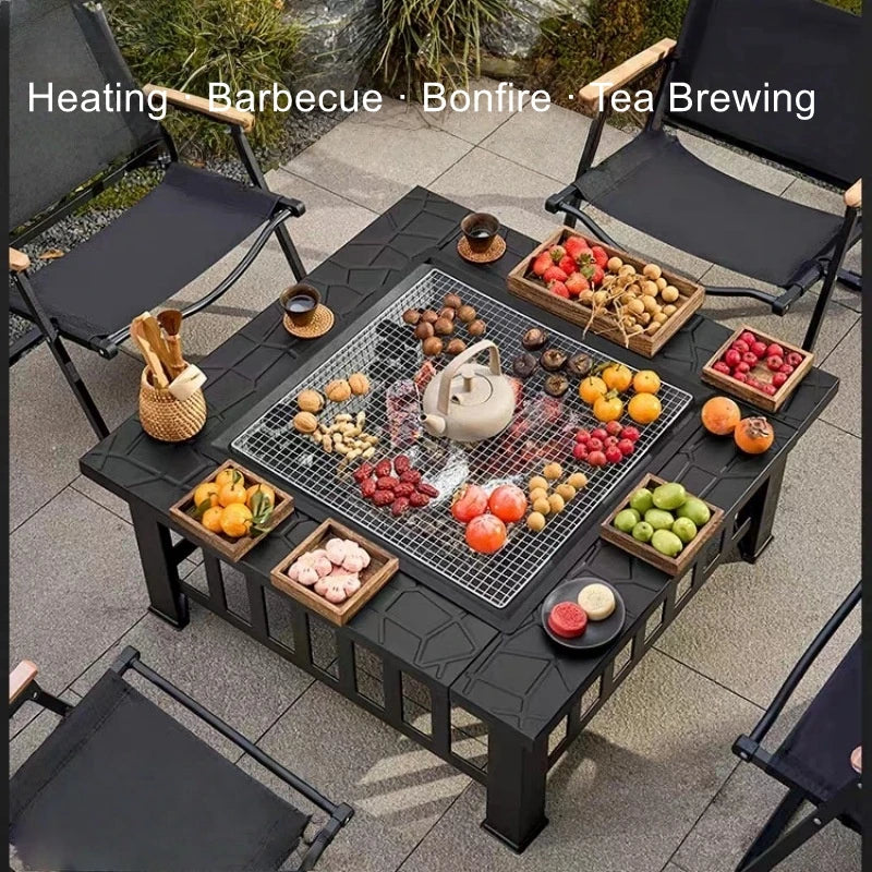 Outdoor Square Barbecue Grill Multi-Functional Barbecue Table Charcoal-Fired Tea-Brewing Table Wood-Burning Stove