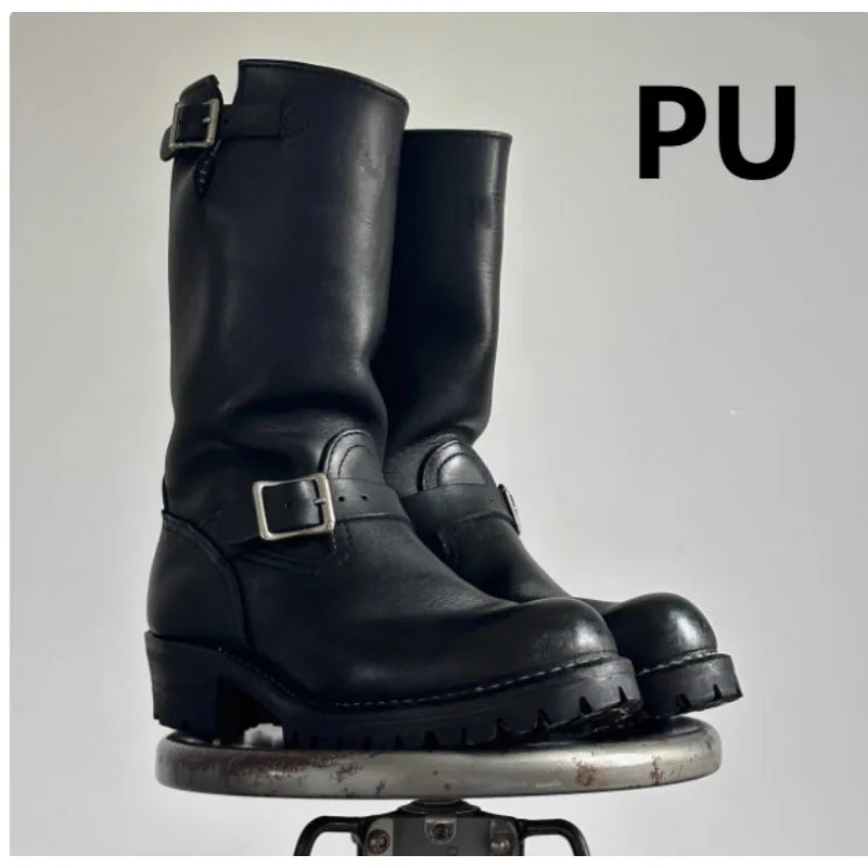 Retro Motorcycle Boots Men's Black Knight Shoes Black Leather Belt Buckles Chelsea Boots Trendy Luxury Handmade Men's Shoes