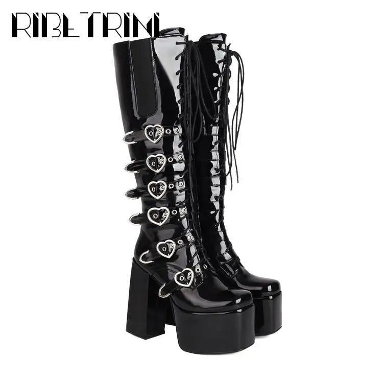 Cool Women Motorcycle Boots High Heeled Knee High Sassy Platform Shoes Lace Up Zip Luxury Designer Brand Winter Street Booties