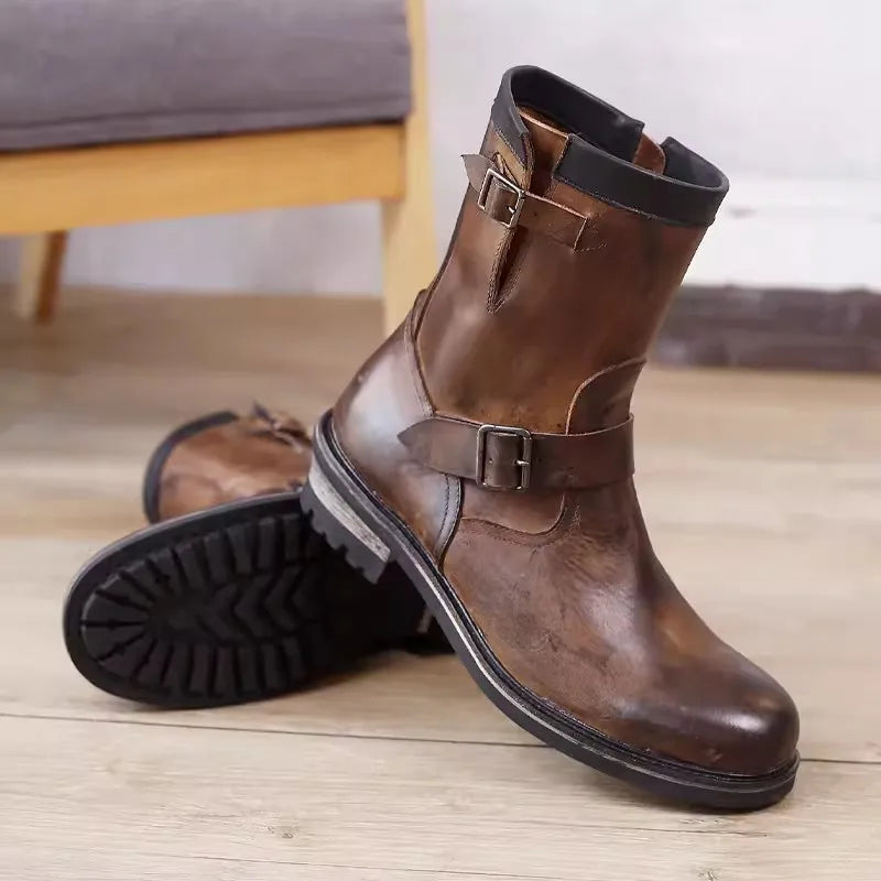 Vintage Mens Cowhide Genuine Leather High Top Engineer Boots Buckle Round Toe Motorcycle Riding Boots Zipper Work Safety Shoes