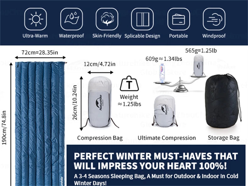 Naturehike Camping Duck Down Sleeping Bag CW295 Spring Warm Waterproof Splicable Double Quilt Ultralight Envelope Sleeping Bag