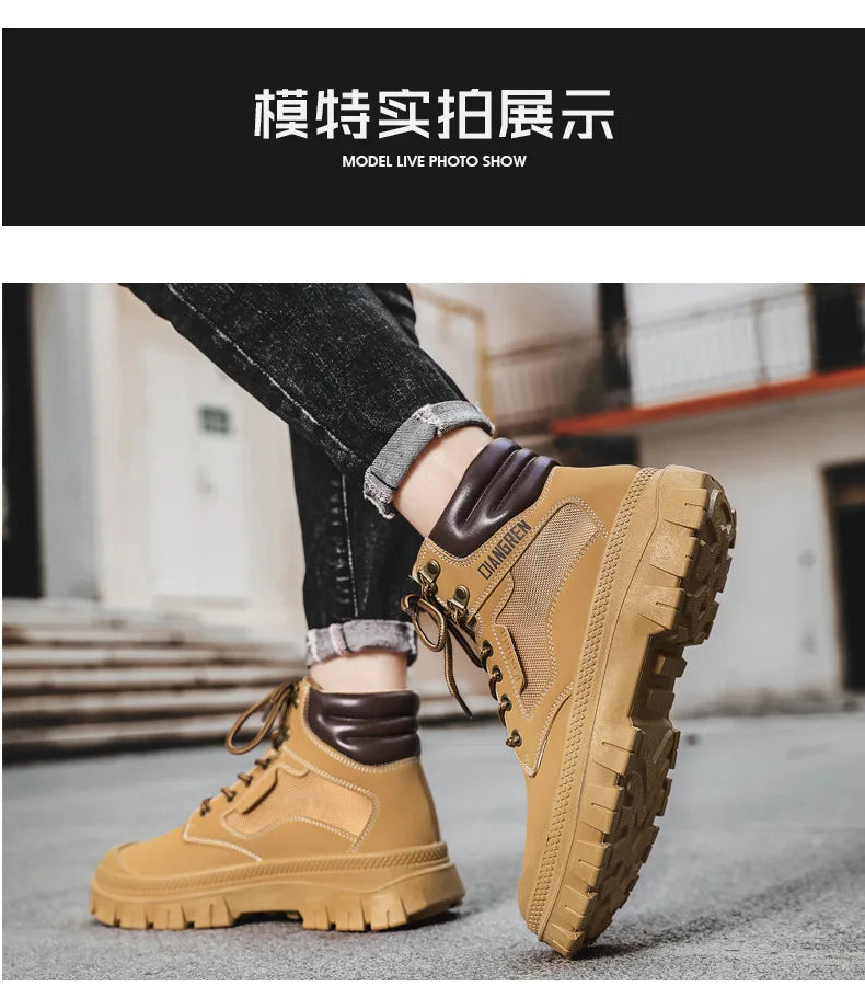 Men's Boots Fashion Motorcycle Ankle Boots High Top Casual Shoes for Men Lace Up Platform Boot Non Slip Hiking Boot Botas Hombre
