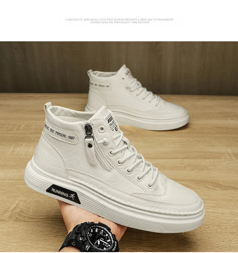 Leather Boots for Men Zipper Man Sneakers Fashion Ankle Boots High Top Man Boots Solid Sports Shoes 2024 Trend Motorcycle Boot