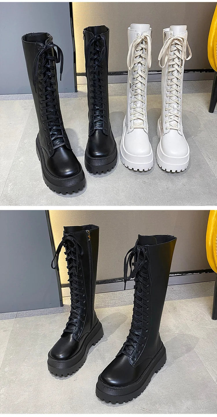 Women Knee High Boots Thick Sole Punk Style Women Motorcycle Boots Retro Square Heel Lace Up Women Boots Black White Botas Mujer