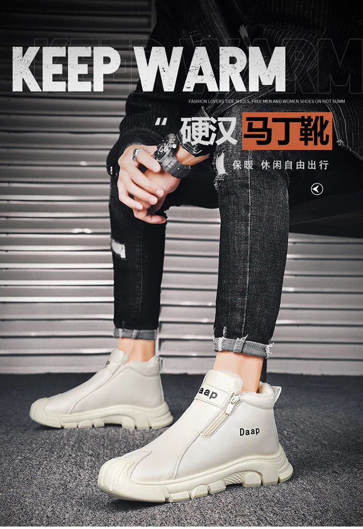 2025 High Top Men's Winter Shoes Comfortable Black Fluff Boots Men Warm Plush Leather Casual Sneakers Men Work Motorcycle Boots