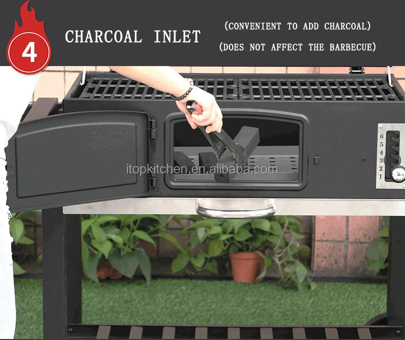 IT-7010 Outdoor Commercial Charcoal Rotisserie Rotating BBQ Grill Cast Iron Barbecue Bbq Charcoal Smokers Grill