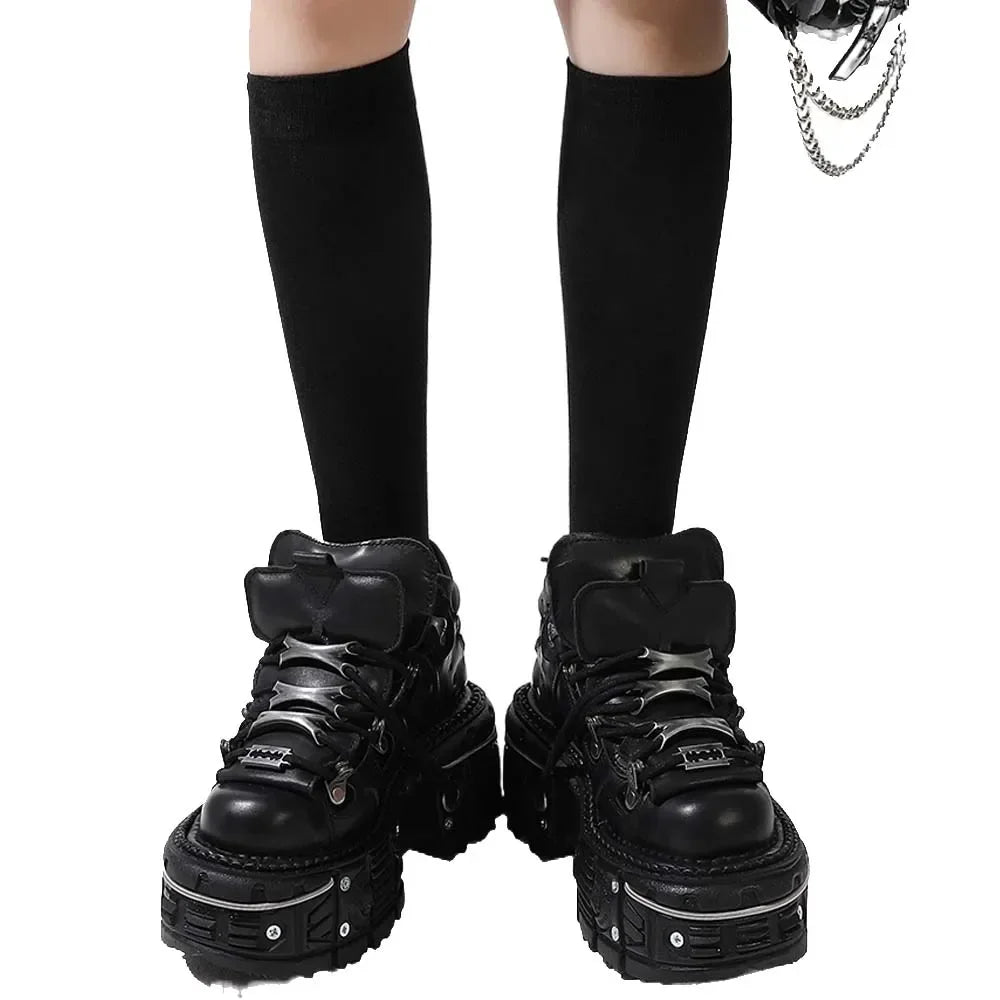 Retro Men's Motorcycle Boots Fashion Punk Rock Round Toe Leather Shoes Platform Metal Decoration Design Y2k Gothic Skull Boots