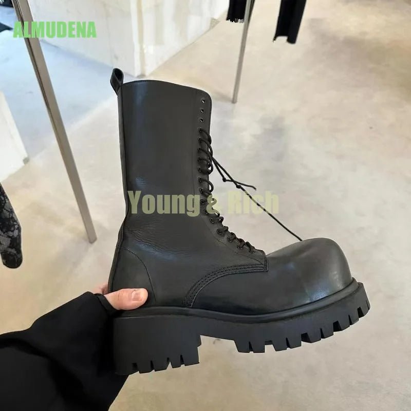 Black Leather Motorcycle Men's Boots Leather Shoes Thick Heel Round Toe Height Increasing Lace Up Work Boots Botas Mujer