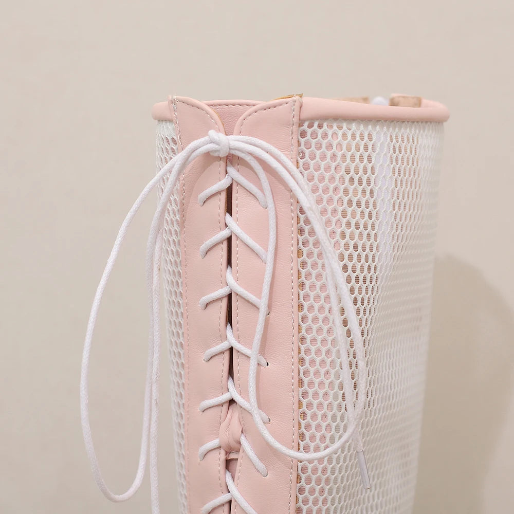 2026 PU Leather Women Knee High Heel Boots Platform Square High Heel Women Summer Boots Fashion Mesh Women's Shoes Pink Yellow