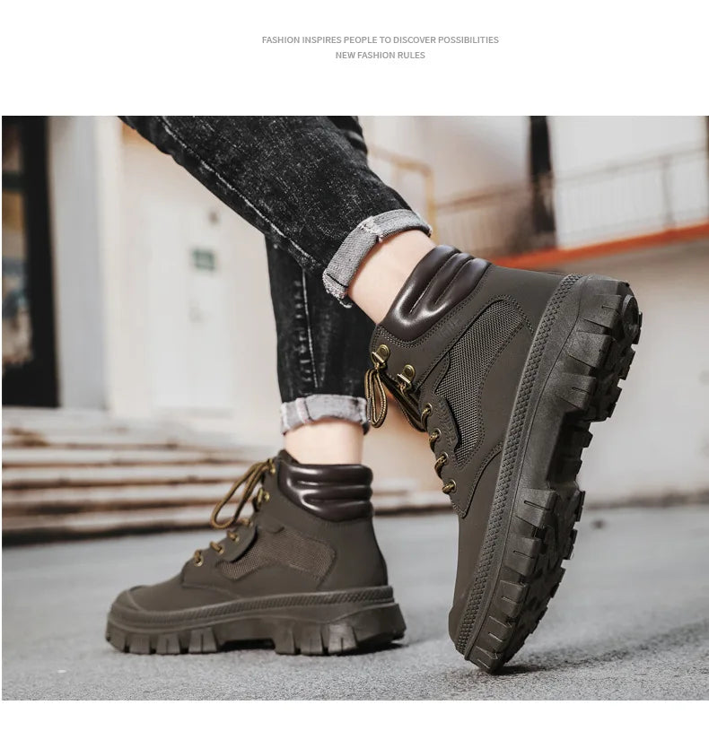 Men's Boots Fashion Motorcycle Ankle Boots High Top Casual Shoes for Men Lace Up Platform Boot Non Slip Hiking Boot Botas Hombre