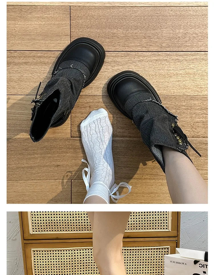 Fall Student Fashion Ankle Boots New Canvas Cowboy Shoes Women's Outdoor Platform Boots Luxury Designer Brand Motorcycle Boots