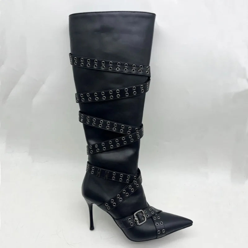 Brand Cross Strap Riveted Retro Silvery Knee High Boots New Spicy Girl Pointed High Heel Motorcycle Boots Fashion Women Shoes