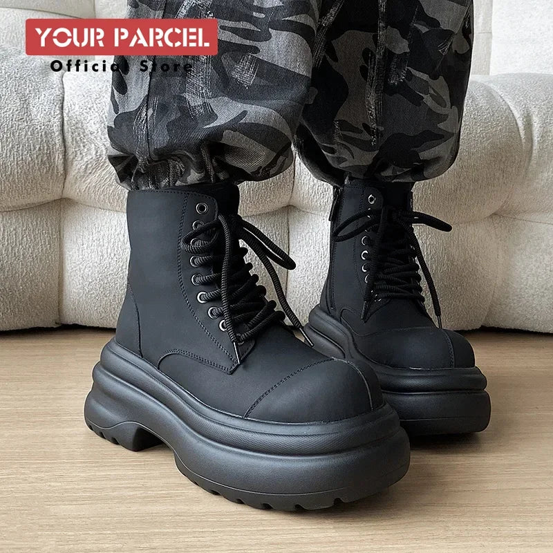 Black boots for men thick sole 7CM height increase high top motorcycle boots trendy and fashionable outdoor workwear shoes