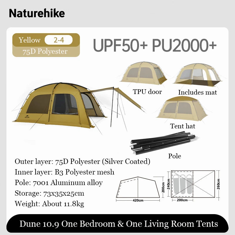 Naturehike Outdoor 4-6 Person Camping Dune 10.9 Tent One Bedroom One Living Room Hiking Tent 75D Nylon Camping Tents Canopy