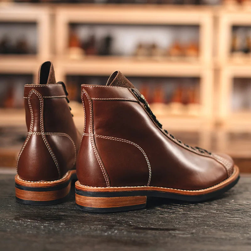 Cowhide High Top Motorcycle Boots Vintage Men Moto Ankle Boots Motocross Thick Soled Riding Boots Walking Shoes Moto Equipment