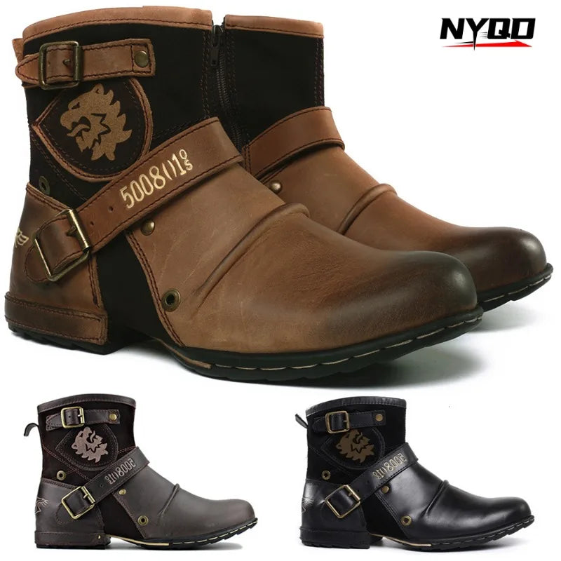 Fashion Men's Shoes Boots Warm Leather Vintage Motorcycle Male Boots Riding Retro 2024 Metal Style Zippers Men's Shoes