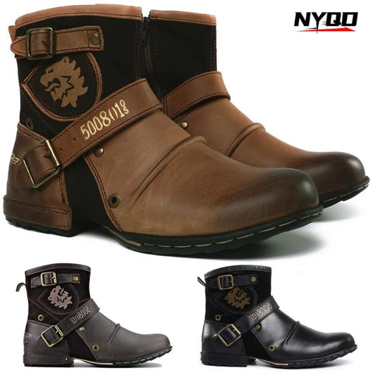 Fashion Men's Shoes Boots Warm Leather Vintage Motorcycle Male Boots Riding Retro 2024 Metal Style Zippers Men's Shoes